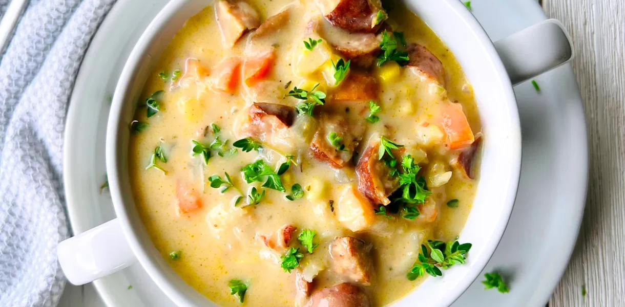 Cajun Seafood Chowder with shrimp, andouille sausage, and potatoes