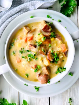 Cajun Seafood Chowder with shrimp, andouille sausage, and potatoes