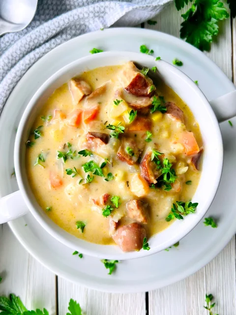 Cajun Seafood Chowder with shrimp, andouille sausage, and potatoes